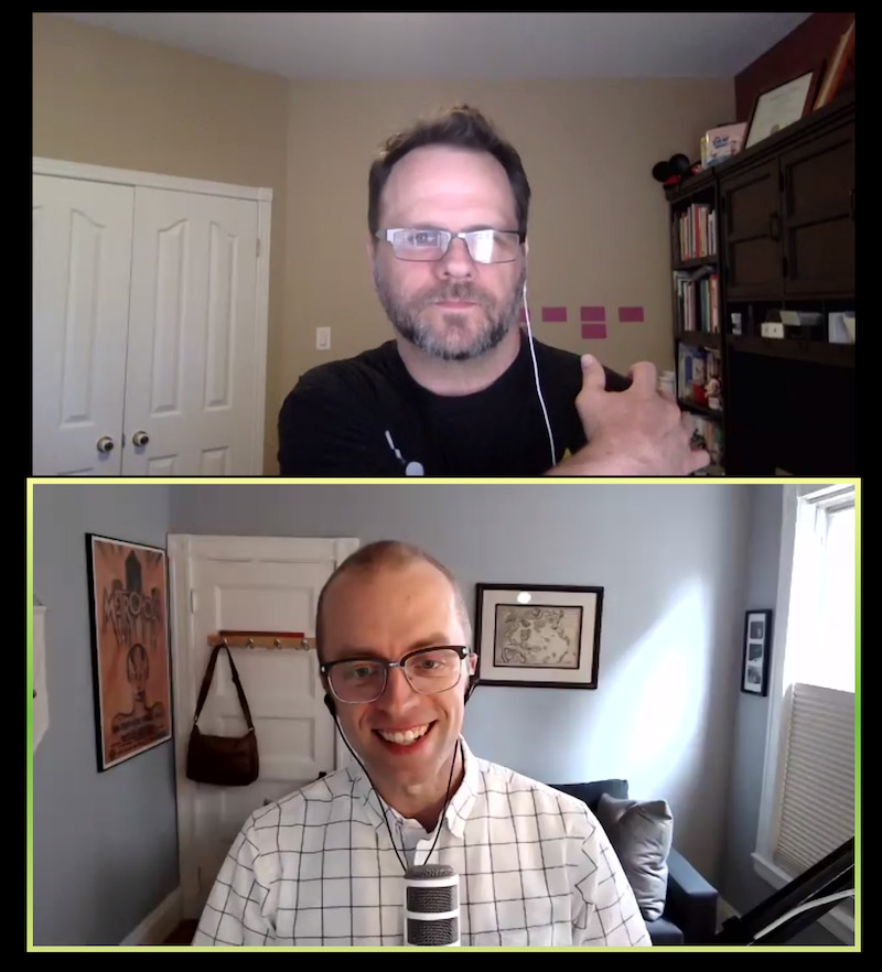 Screenshot of a Zoom chat with Derek Featherstone and Ethan Marcotte