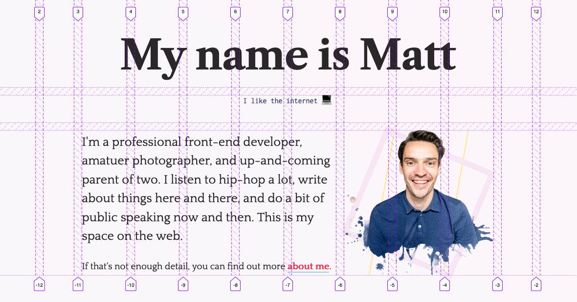 Screenshot of mattnortham.com with grid showing in Firefox