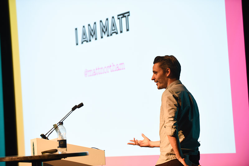 Photo of me delivering a presentation at redevelop conference, 2016
