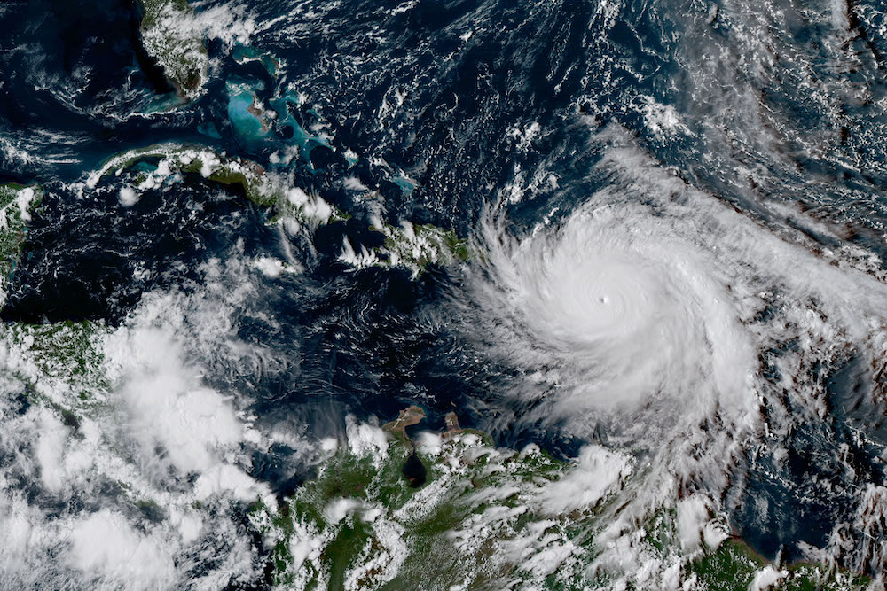 Satellite image of hurricane Maria hitting Puerto Rico.