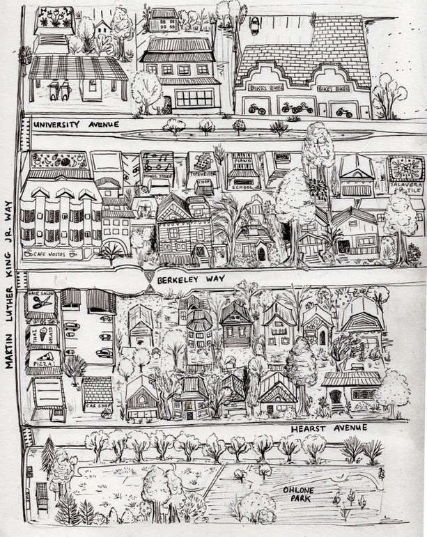 Illustration of the streets around Berkeley Way and Martin Luther King Jr, Way in Berekely, California