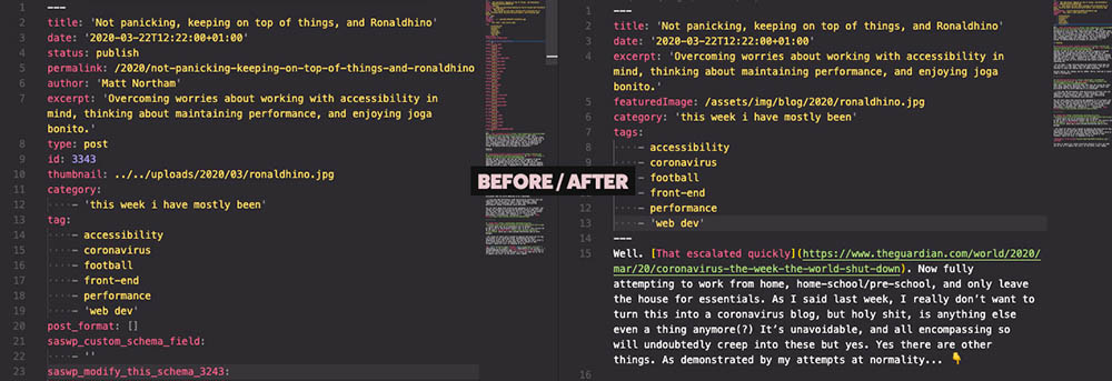 A side by side view of the exported front-matter and my amends